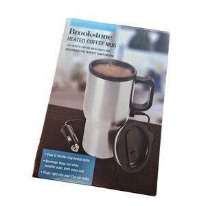 Brookstone 12V Heated Coffee Mug Stainless Steel Travel Cup 13oz Car Charger NEW
